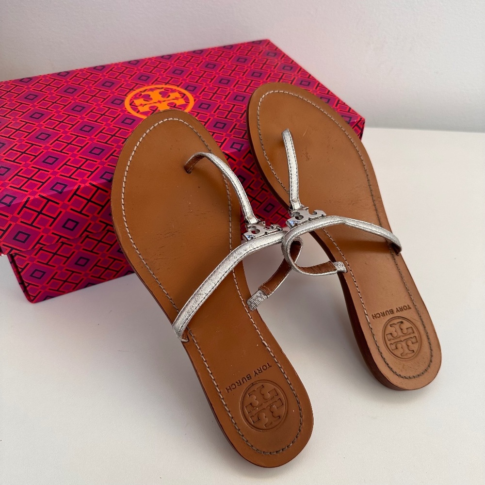 TORY Burch Silver Logo Metallic Sandals